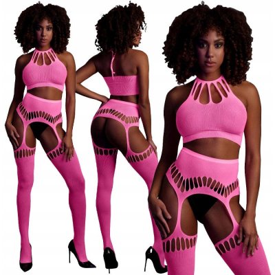 Ouch! Glow in the Dark Two Piece with Crop Top and Stockings Neon Pink – Zboží Dáma