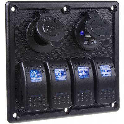 Panel s 4x spínači Rocker, CL + USB zásuvka, 12/24V – Zboží Mobilmania