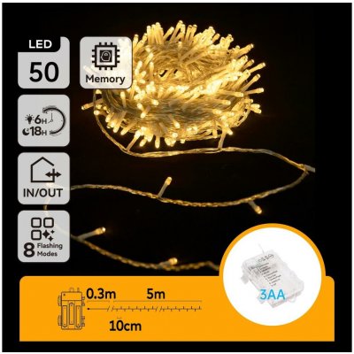 Aigostar B.V. Aigostar LED Venkovní vánoční řetěz 50xLED 8 funkcí 3xAA 5,3m IP44 teplá bílá AI1330 – Hledejceny.cz