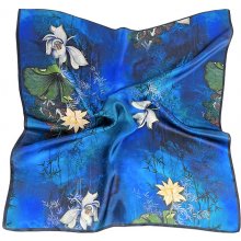luxusní květovaný hedvábný šátek jasně modrý s vodní hladinou květy leknínů čtverec