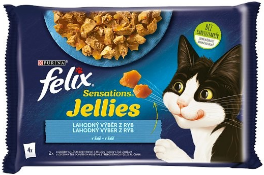 Felix Sensations Jellies s lososem a želé s příchutí krevet treskou tmavou a želé s rajčaty 4 x 85 g