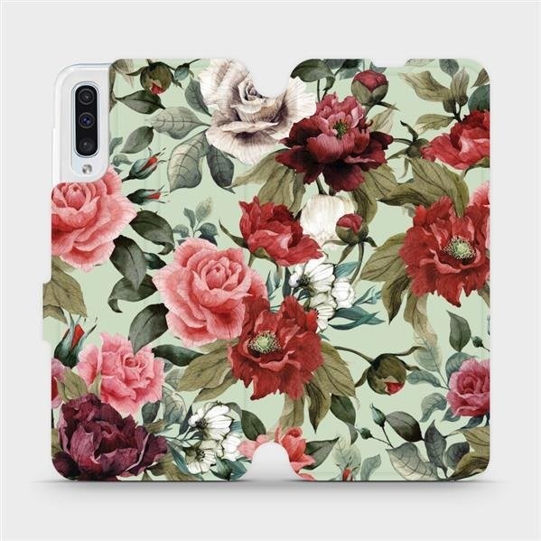Pouzdro Mobiwear parádní flip Samsung Galaxy A50 - MD06P Růže a květy na světle zeleném pozadí