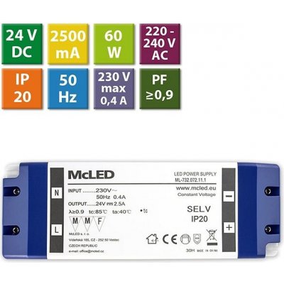 zdroj napájecí pro LED pásky 24V DC 60W (2,5A) IP20 ML-732.072.11.1 plast. se svorkovnicí – Zboží Mobilmania