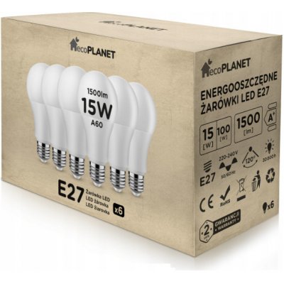 EcoPlanet 6x LED žárovka E27 A60 15W 1500Lm teplá bílá
