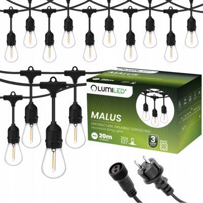 Venkovní řetěz 20m, 20x E27 + Žárovky LED 1W 2700K MALUS LUMILED – Zboží Dáma