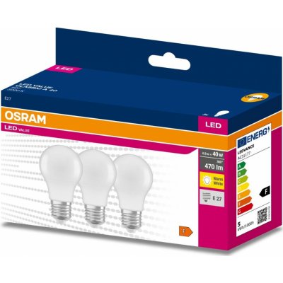 Osram 3PAK LED žárovka LED E27 A60 4,9W = 40W 470lm 3000K Teplá bílá 200° VALUE – Zboží Živě