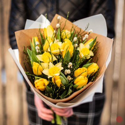 Jarní kytice ze žlutých tulipánů a narcisů k doručení v Brně – Zboží Dáma
