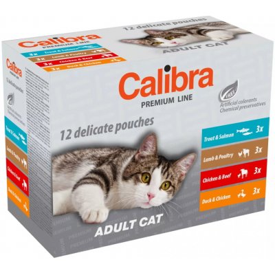 Calibra Premium Line Adult Pstruh a losos / jehněčí a drůbeží / kuřecí a hovězí a kuře / kachna s kuřetem v omáčce 12 x 100 g – Sleviste.cz