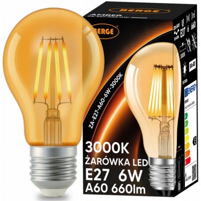 Berge LED žárovka E27 s vláknem Amber 6W teplá bílá ZA-E27-A60-6W-3000K – Hledejceny.cz