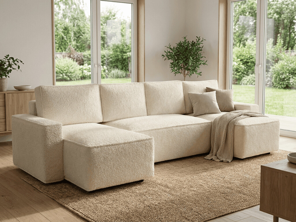 Rozkládací sedací souprava do U SMART BOUCLE 303x143 cm, krémová