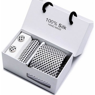 Kravata Černobílá Whitney manžetové knoflíčky kapesníček bílá – Zboží Mobilmania