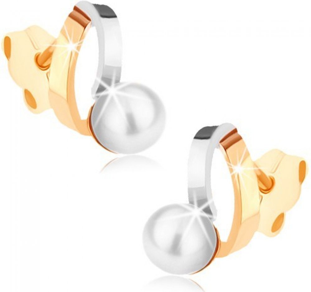 Šperky eshop Rhodiované náušnice z zlata dvoubarevné obloučky perla bílé  barvy GG72.06 | Srovnanicen.cz