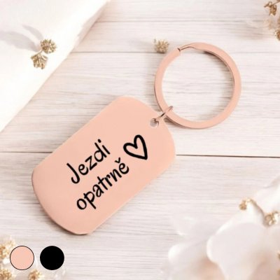 Přívěsek na klíče Ahome Kovová rosegold Jezdi opatrně – Sleviste.cz