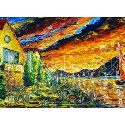 WEBLUX 277362459 Samolepka fólie Impressionism oil painting landscape paint art Red sea ship Impresionismus olejomalba krajinomalba umění Rudá námořní loď, šarlatové pl, rozměry 100 x 73 cm – Zboží Mobilmania