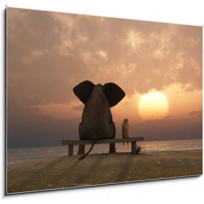 Skleněný obraz 1D - 100 x 70 cm - elephant and dog sit on a summer beach slona a pes sedí na letní pláži – Zbozi.Blesk.cz