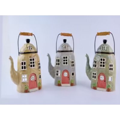 Ego Dekor Keramický domeček na čajovou svíčku KONVICE, s rukojetí, svícen/lucerna DOMEČEK NA NÁMĚSTÍ, barva: béžová/šedá/pistáciová, výška: 29cm|MyScandi - pistáciová – Zboží Dáma