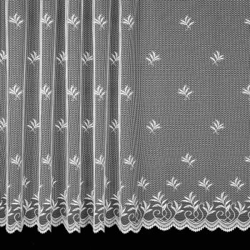 Českomoravská textilní žakárová záclona V127 vyšívané větvičky, s bordurou, bílá, výška 200cm (v metráži)