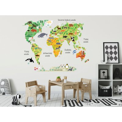 Nalepte.cz Mapa světa se zvířátky samolepky na zeď 75 x 59 cm – Sleviste.cz