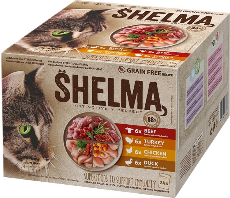 Shelma Cat kuřecí hovězí kachní a krůtí 24 x 85 g