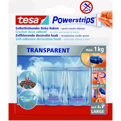 tesa® Powerstrips Velké dekorační háčky Barva: průhledná, Rozměr: 2 háčky + 4 průhledné proužky velké