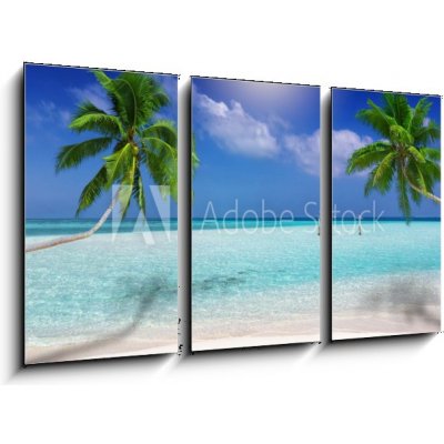 Obraz 3D třídílný - 90 x 50 cm - Traumstrand in den Tropen mit trkisem Meer, Kokosnusspalmen und feinem Sand Dream beach v tropech s tyrkysovým mořem, kokosovými palmami