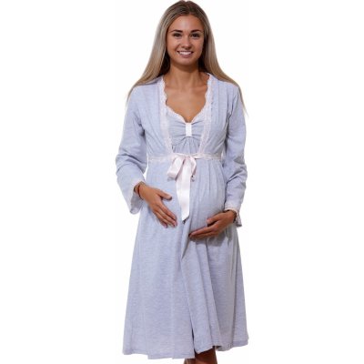 Komplet košilka a župan do porodnice lemovaný růžovou krajkou 1G0550 šedá – Zboží Dáma