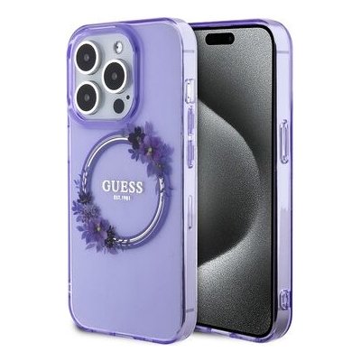 Guess PC/TPU Flowers Ring Glossy Logo MagSafe Apple iPhone 15 Pro Max fialové