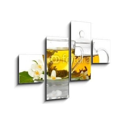 Obraz 4D čtyřdílný - 120 x 90 cm - green tea with jasmine in cup and teapot isolated on white zelený čaj s jasmínem v šálku a čajové konvice izolovaných na bílém