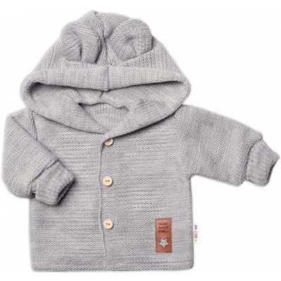 Baby Nellys Dětský elegantní pletený svetřík s knoflíčky a kapucí s oušky šedý – Zboží Mobilmania