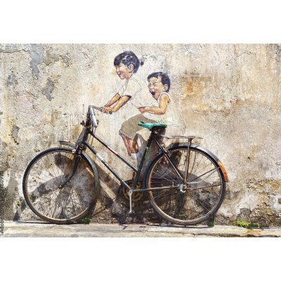 WEBLUX 62780970 Samolepka fólie Little Children on a Bicycle Mural. Malé děti na nástěnné malbě na kole. rozměry 145 x 100 cm – Zbozi.Blesk.cz