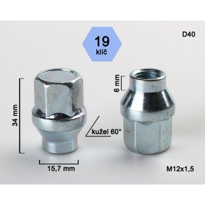 Kolová matice M12x1,5 kužel s krčkem 15,7 zavřená, klíč 19, D40 výška 34, délka krčku 6 | Zboží Auto