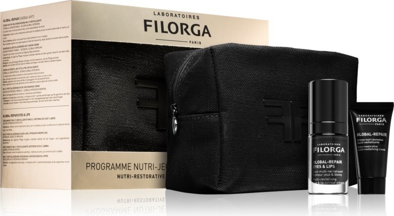 Filorga Global-Repair revitalizační krém na kontury očí a rtů 15 ml + výživný revitalizační krém proti stárnutí pleti 15 ml + kosmetická taštička dárková sada