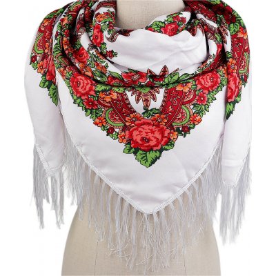 šátek folklór květy s třásněmi 15 bílá červená – Zboží Dáma