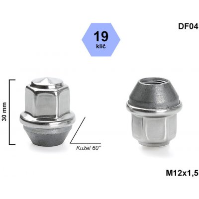 Kolová matice M12x1,5 kužel, klíč 19, DF04 uzavřená, FORD nerezová krytka, výška 30 – Zboží Mobilmania