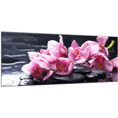 Obraz skleněný fialové květy orchideje na oblázcích kamenech - 30 x 40 cm – Zboží Mobilmania