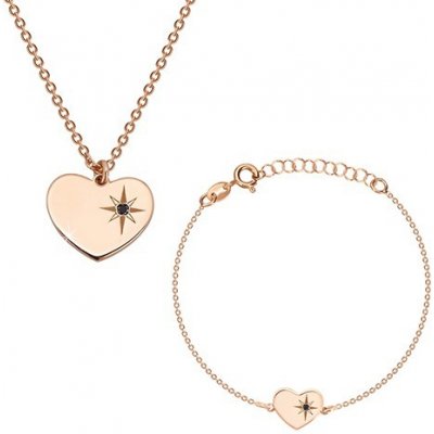 Šperky eshop stříbrný set růžovozlaté barvy náramek a náhrdelník srdce s Polárkou a diamantem S25.15