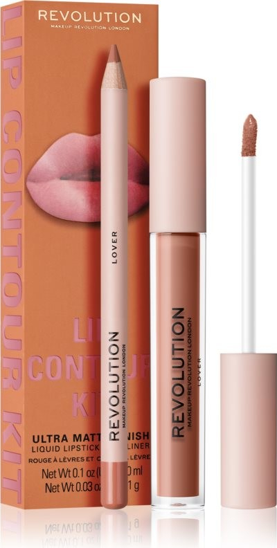 Makeup Revolution Lip Contour Kit Lover dlouhotrvající matná tekutá rtěnka 3 ml + Lover tužka na rty 1 g dárková sada