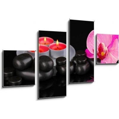 Obraz 4D čtyřdílný - 100 x 60 cm - Spa stones with orchid flower and candles isolated on black Lázeňské kameny s orchidejovou květinou a svíčky izolované na černém – Zboží Mobilmania