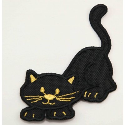 Nažehlovací záplata - černá kočička se zlatými ozdobami, číhající - rozměr 7 cm x 9,5 cm – Zbozi.Blesk.cz