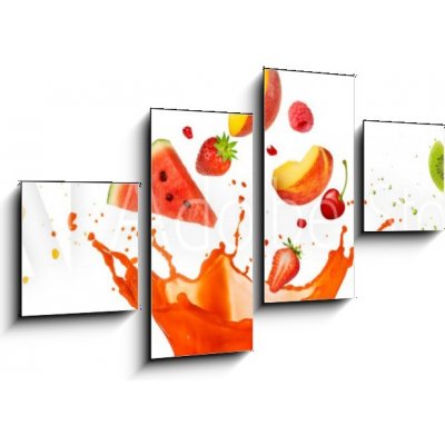 Obraz 4D čtyřdílný - 100 x 60 cm - mixed fruit falling into juices splashing on white background smíšené ovoce spadající do šťávy stříkající na bílém pozadí