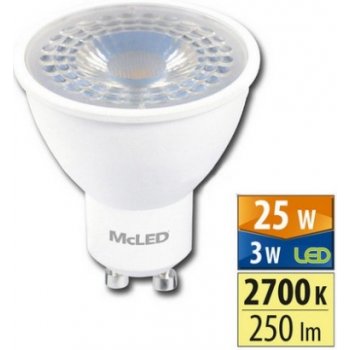 McLED LED žárovka GU10 3W 25W teplá bílá 2700K , reflektor 38°