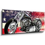 Obraz 1D panorama - 120 x 50 cm - Custom black motorcycle with American flag background with dispersion effects. Made in America concept. 3d rendering Vlastní černý moto – Hledejceny.cz