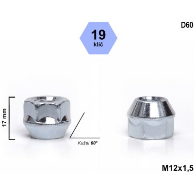 Kolová matice M12x1,5 kužel otevřená, klíč 19, D60, FORD, VOLVO, výška 17 mm – Hledejceny.cz