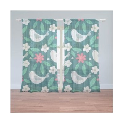 Sablio Záclony Červené kvítí s ptáčky: 2ks 150x250cm – Hledejceny.cz