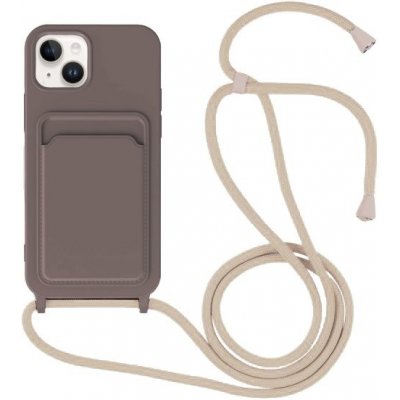 Pouzdro AppleKing silikonové se šňůrkou a kapsou na karty iPhone 14 - tmavě hnědé – Zboží Mobilmania