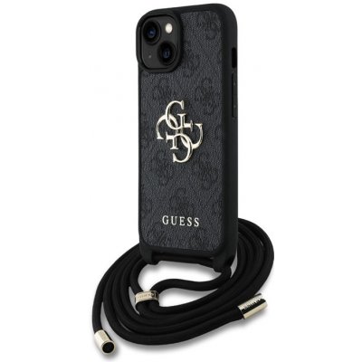 Guess PU 4G Metal Logo Zadní Kryt pro iPhone 15 Černá + Crossbody Popruh – Zboží Živě