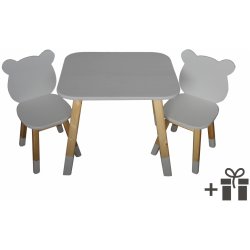 Specifikace Kostka dřevěná set dětského nábytku stoleček 2 x židlička  medvídek světle šedá + sada dekoračních nálepek - Heureka.cz