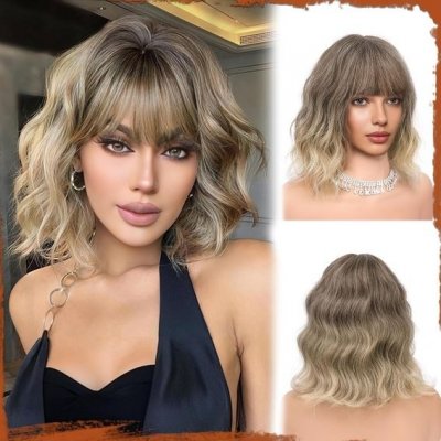 Sofiyan Krátká vlnitá bob paruka s ofinou pro ženy 30 cm Hnědá Ombre Blond – Zbozi.Blesk.cz