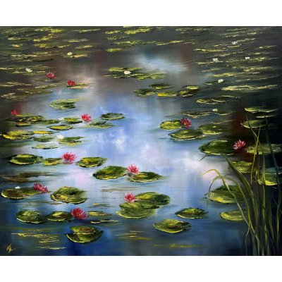 Tanja Frost, Lekníny na Zrcadlovém jezeře, Malba na plátně, olejové barvy, 65 x 54 cm