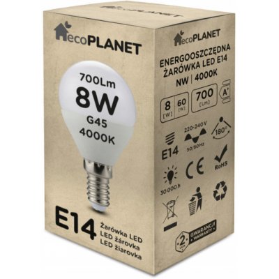 EcoPlanet LED žárovka E14 G45 8W 700lm neutrální bílá